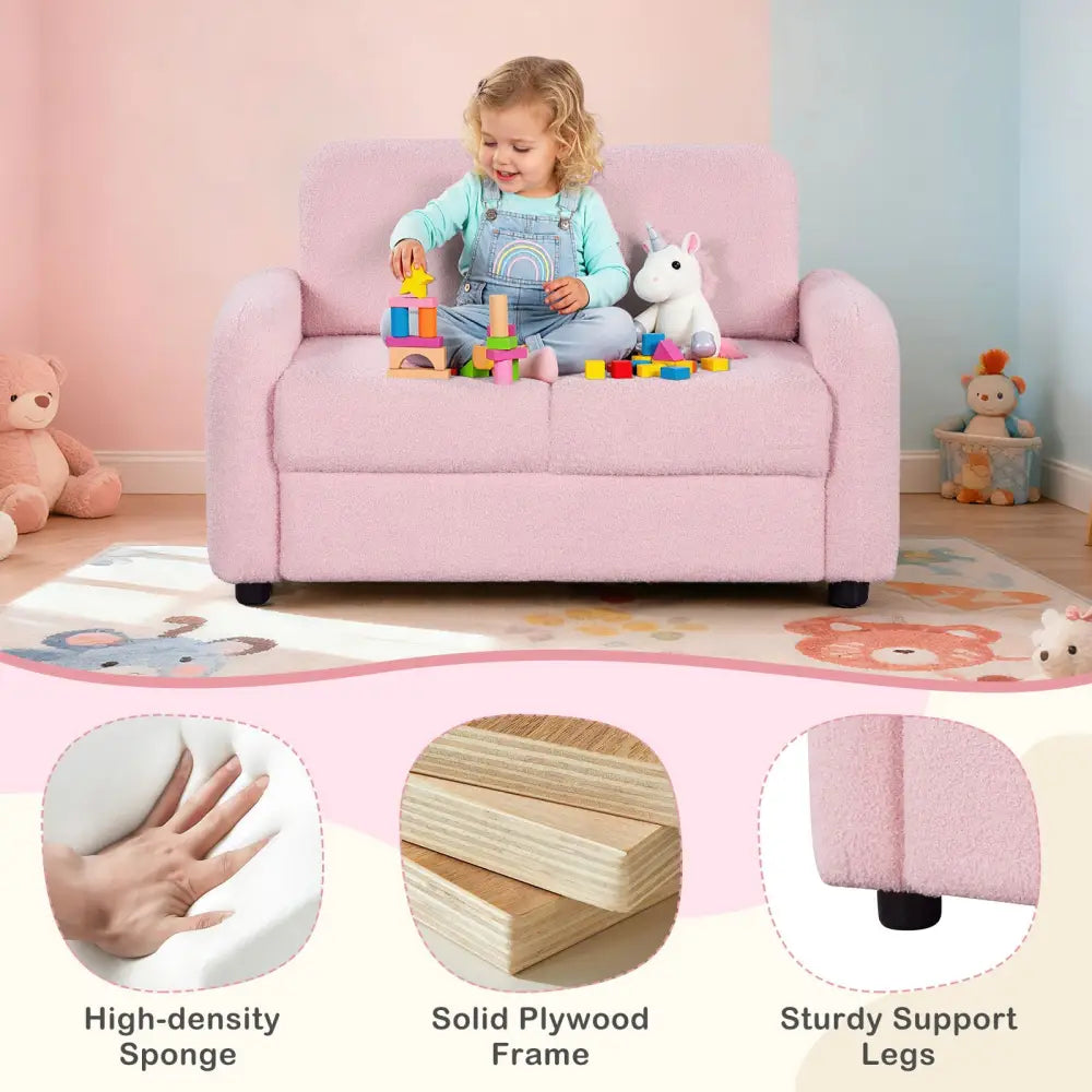 2-Seat Kids Sofa Toddler Sofa Couch with Soft Teddy Fleece Upholstery and Solid Wooden Frame-Pink - Pink - Kids Chairs