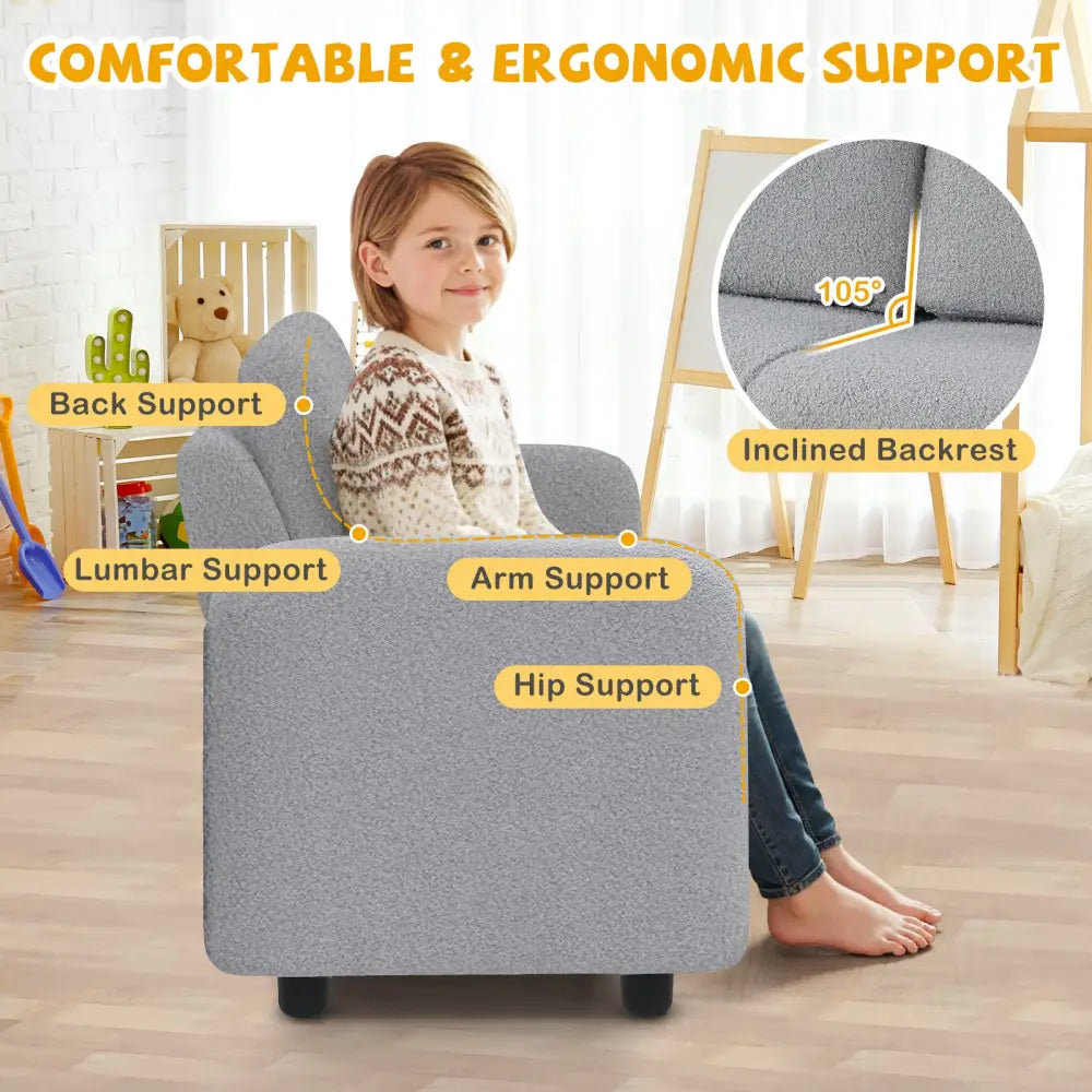 2-Seat Kids Sofa Toddler Sofa Couch with Soft Teddy Fleece Upholstery and Solid Wooden Frame-Gray - Gray - Kids Chairs