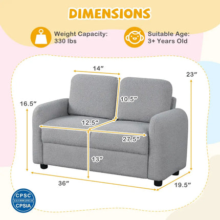 2-Seat Kids Sofa Toddler Sofa Couch with Soft Teddy Fleece Upholstery and Solid Wooden Frame-Gray - Gray - Kids Chairs