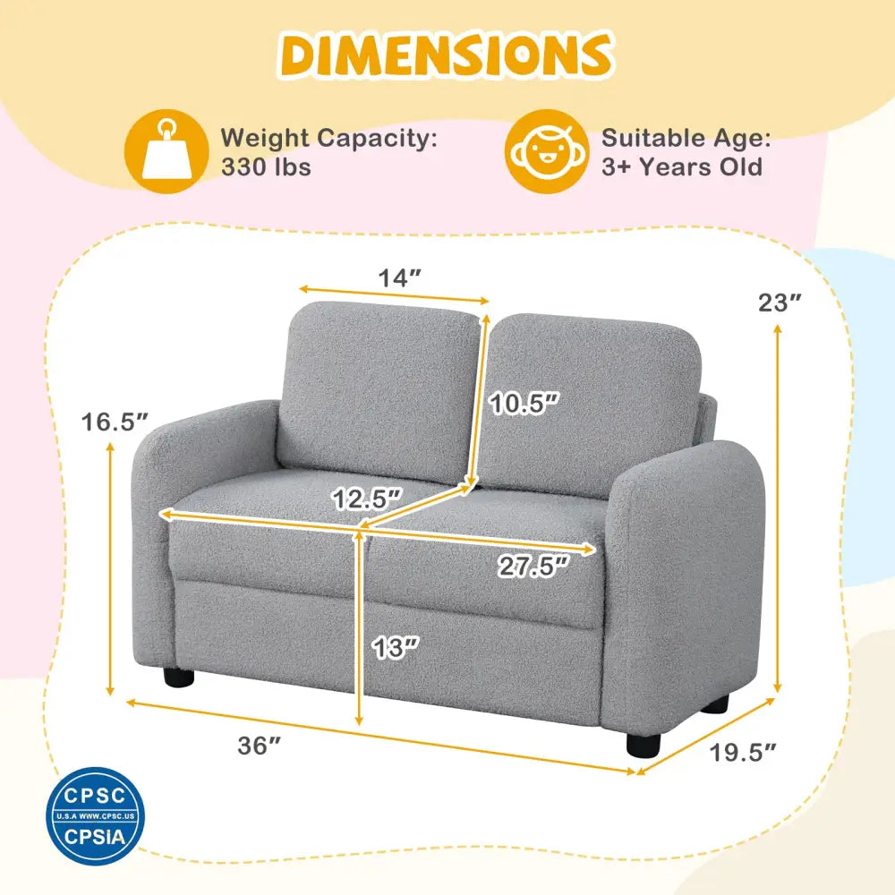 2-Seat Kids Sofa Toddler Sofa Couch with Soft Teddy Fleece Upholstery and Solid Wooden Frame-Gray - Gray - Kids Chairs