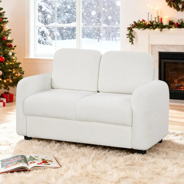 2-Seat Kids Sofa Toddler Sofa Couch with Soft Teddy Fleece Upholstery and Solid Wooden Frame-White - White - Kids