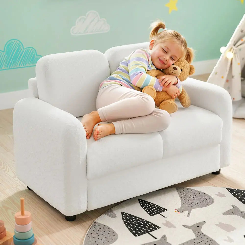 2-Seat Kids Sofa Toddler Sofa Couch with Soft Teddy Fleece Upholstery and Solid Wooden Frame-White - White - Kids