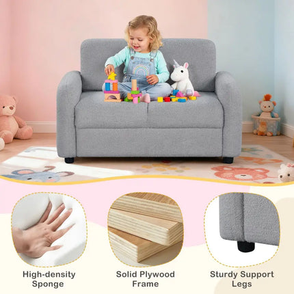 2-Seat Kids Sofa Toddler Sofa Couch with Soft Teddy Fleece Upholstery and Solid Wooden Frame-Gray - Gray - Kids Chairs