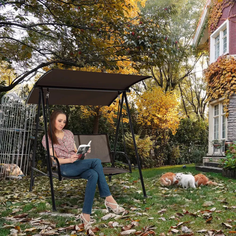 2-Seat Outdoor Canopy Swing with Comfortable Fabric Seat and Heavy-duty Metal Frame-Brown - Brown - Porch Swings
