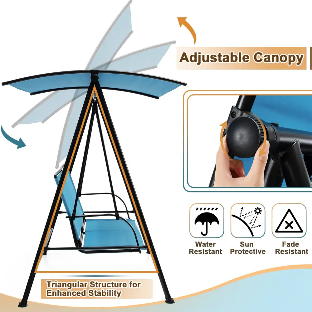 2-Seat Outdoor Canopy Swing with Comfortable Fabric Seat and Heavy-duty Metal Frame-Navy - Navy - Porch Swings