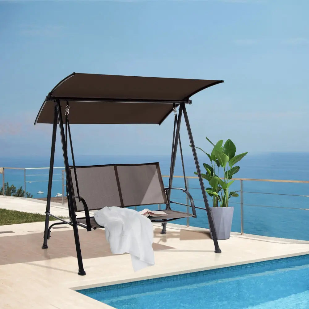 2-Seat Outdoor Canopy Swing with Comfortable Fabric Seat and Heavy-duty Metal Frame-Brown - Brown - Porch Swings