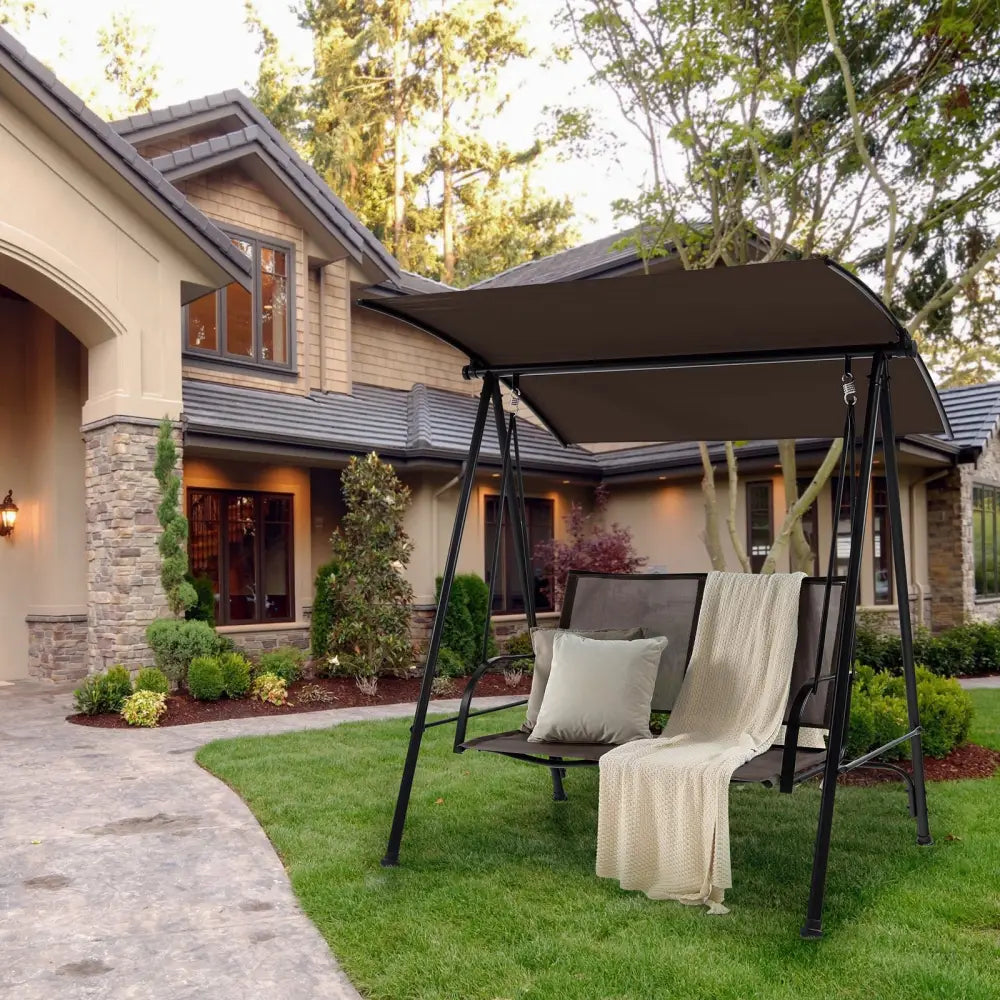 2-Seat Outdoor Canopy Swing with Comfortable Fabric Seat and Heavy-duty Metal Frame-Brown - Brown - Porch Swings