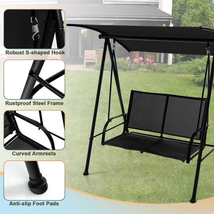 2-Seat Outdoor Canopy Swing with Comfortable Fabric Seat and Heavy-duty Metal Frame-Black - Black - Porch Swings