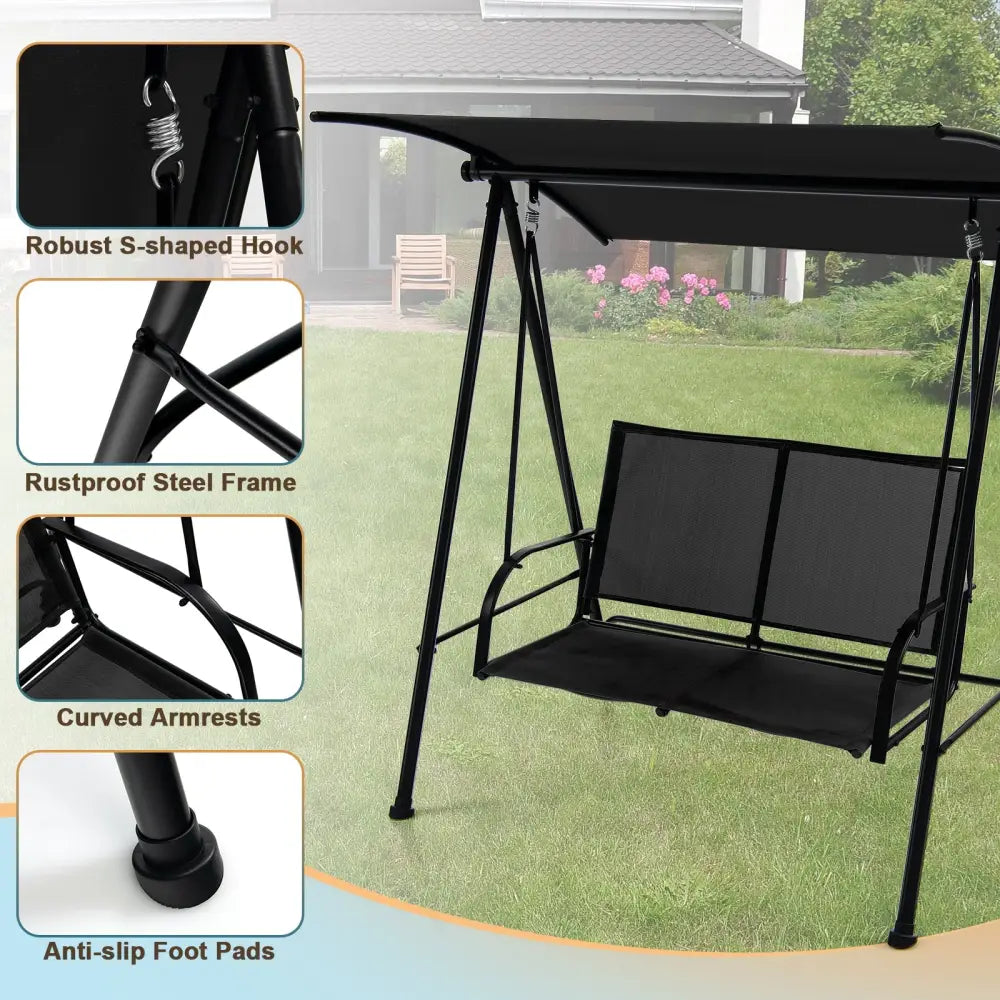 2-Seat Outdoor Canopy Swing with Comfortable Fabric Seat and Heavy-duty Metal Frame-Black - Black - Porch Swings
