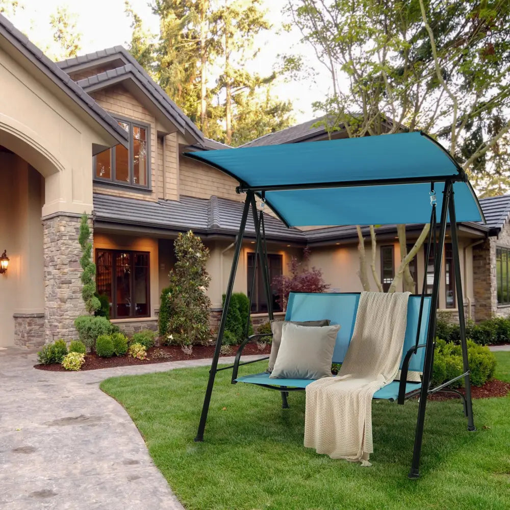 2-Seat Outdoor Canopy Swing with Comfortable Fabric Seat and Heavy-duty Metal Frame-Navy - Navy - Porch Swings
