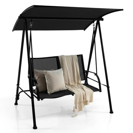 2-Seat Outdoor Canopy Swing with Comfortable Fabric Seat and Heavy-duty Metal Frame-Black - Black - Porch Swings