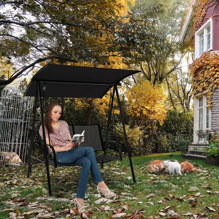 2-Seat Outdoor Canopy Swing with Comfortable Fabric Seat and Heavy-duty Metal Frame-Black - Black - Porch Swings