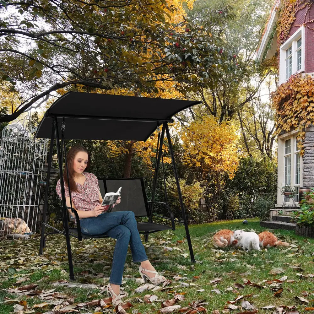 2-Seat Outdoor Canopy Swing with Comfortable Fabric Seat and Heavy-duty Metal Frame-Black - Black - Porch Swings