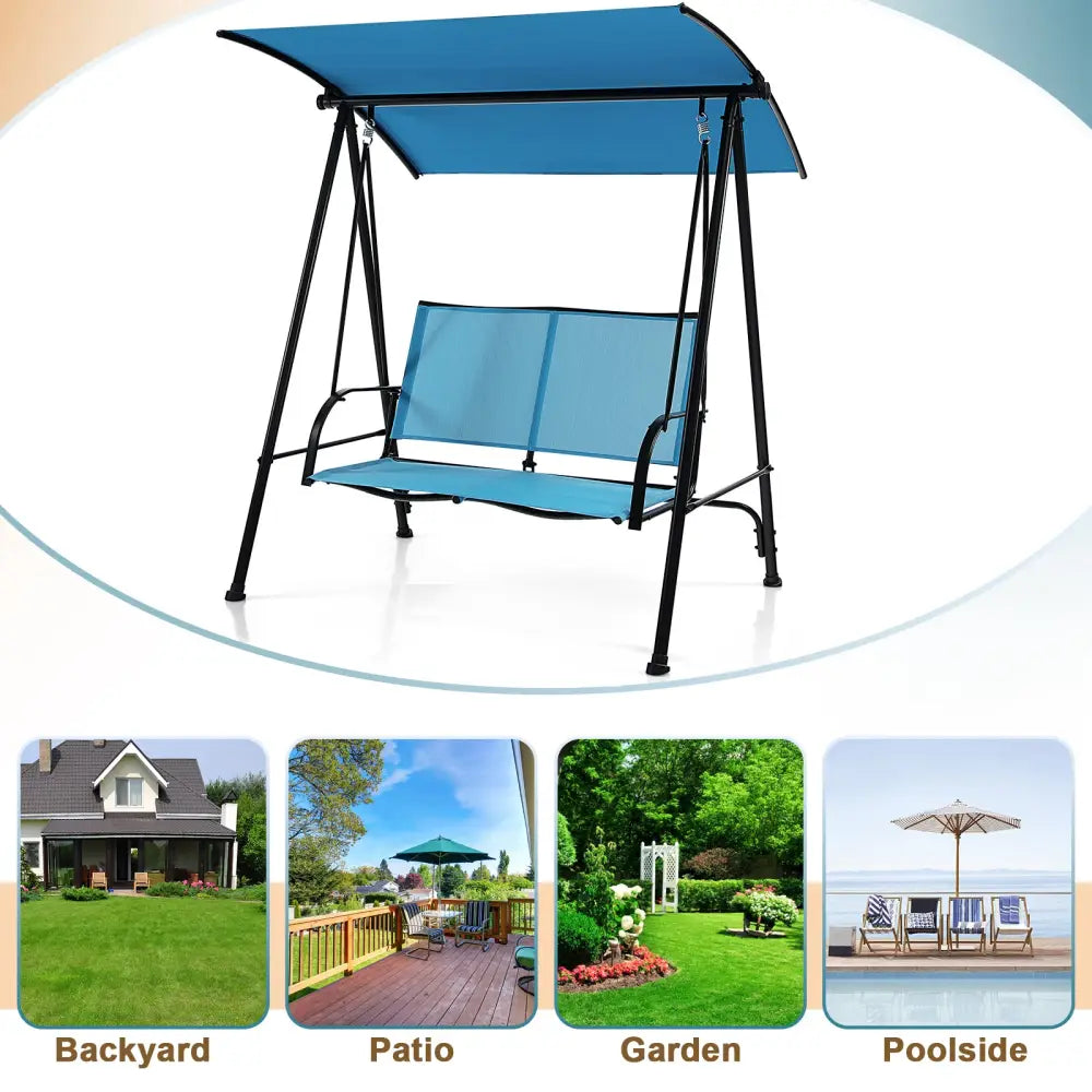 2-Seat Outdoor Canopy Swing with Comfortable Fabric Seat and Heavy-duty Metal Frame-Navy - Navy - Porch Swings