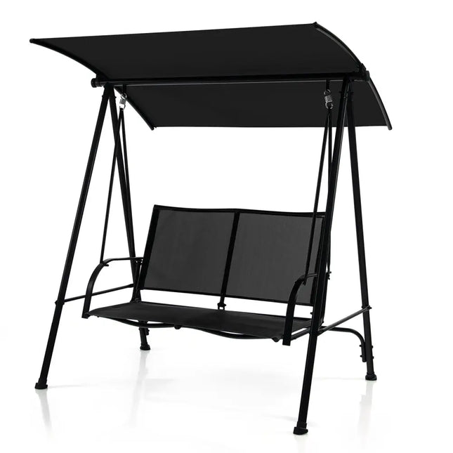 2-Seat Outdoor Canopy Swing with Comfortable Fabric Seat and Heavy-duty Metal Frame-Black - Black - Porch Swings