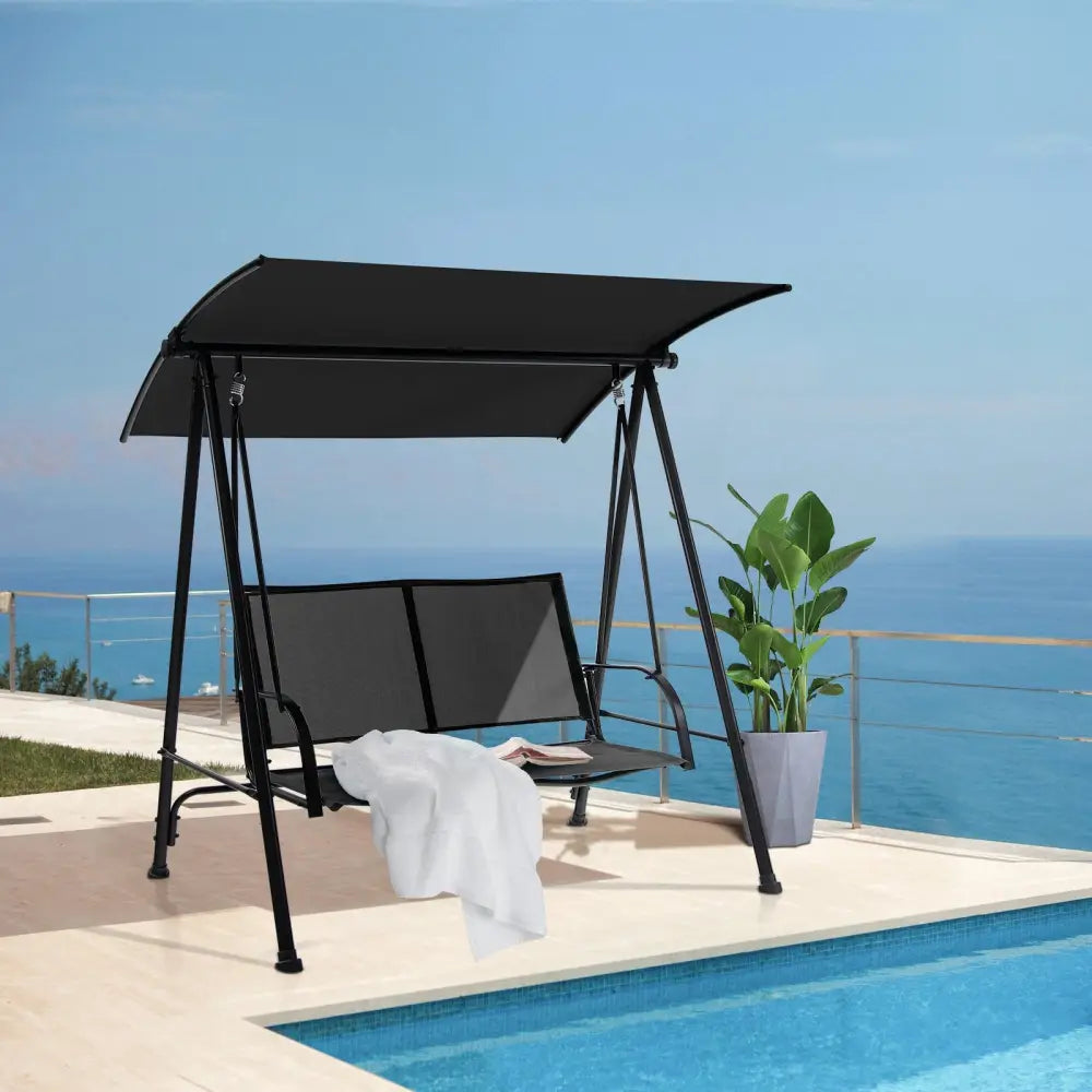 2-Seat Outdoor Canopy Swing with Comfortable Fabric Seat and Heavy-duty Metal Frame-Black - Black - Porch Swings