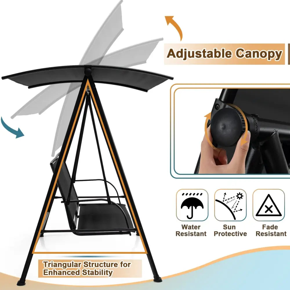 2-Seat Outdoor Canopy Swing with Comfortable Fabric Seat and Heavy-duty Metal Frame-Black - Black - Porch Swings