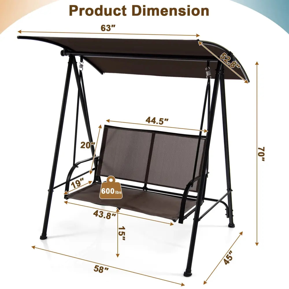 2-Seat Outdoor Canopy Swing with Comfortable Fabric Seat and Heavy-duty Metal Frame-Brown - Brown - Porch Swings