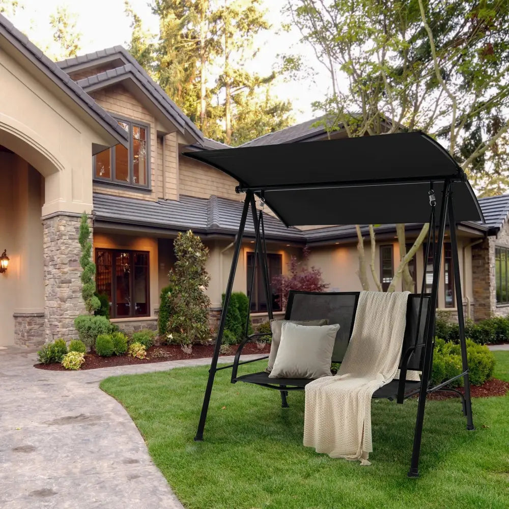 2-Seat Outdoor Canopy Swing with Comfortable Fabric Seat and Heavy-duty Metal Frame-Black - Black - Porch Swings