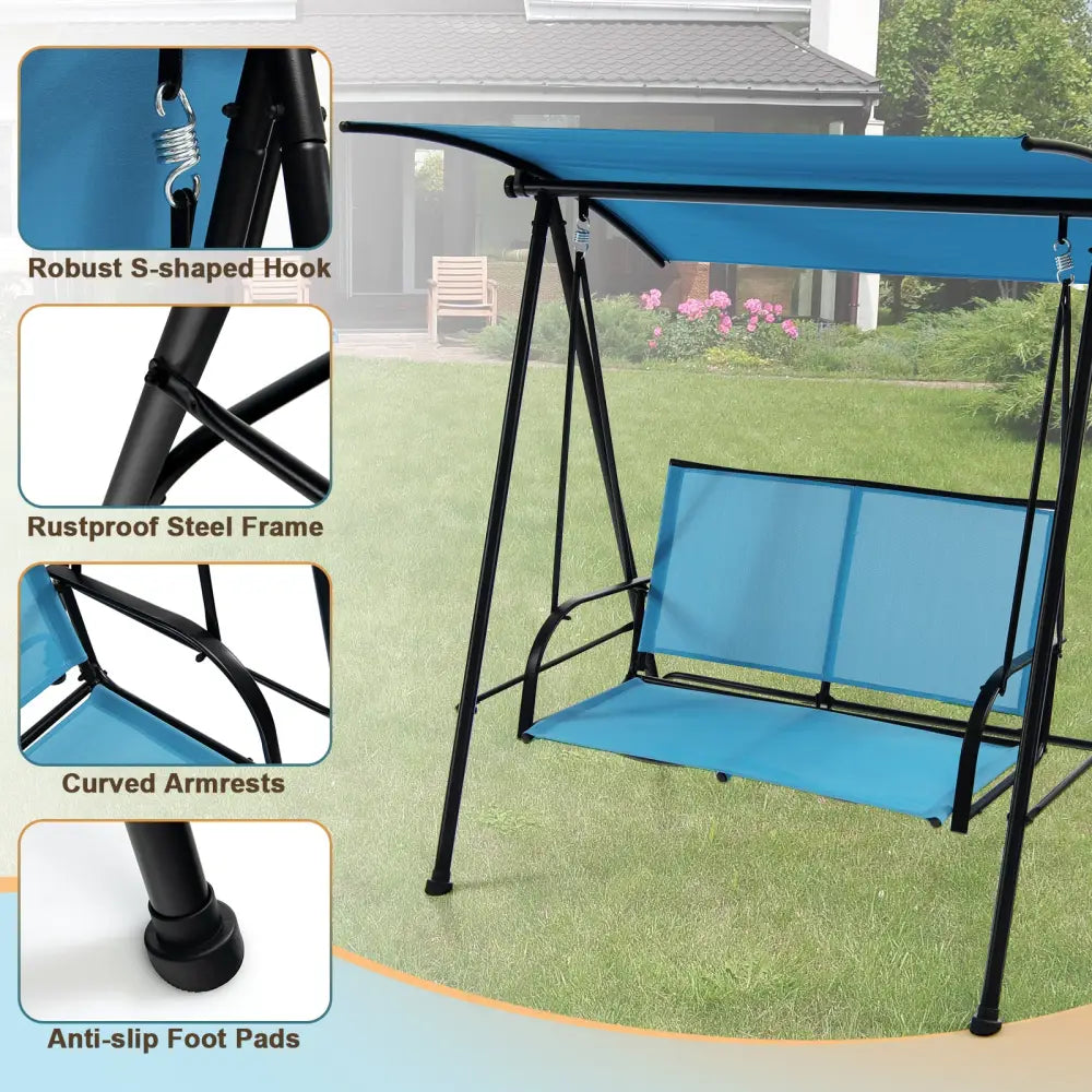 2-Seat Outdoor Canopy Swing with Comfortable Fabric Seat and Heavy-duty Metal Frame-Navy - Navy - Porch Swings