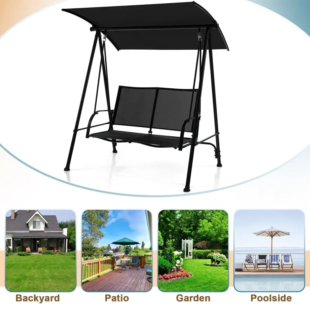 2-Seat Outdoor Canopy Swing with Comfortable Fabric Seat and Heavy-duty Metal Frame-Black - Black - Porch Swings