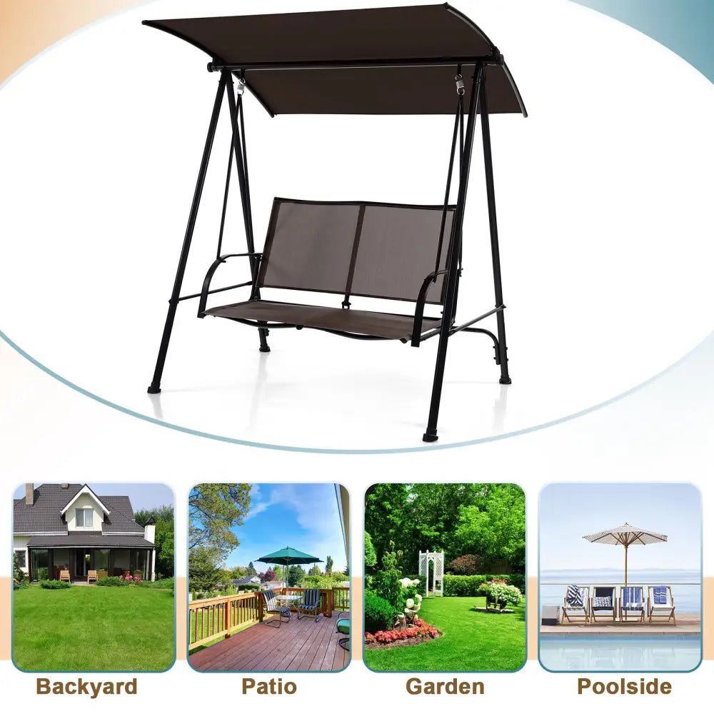 2-Seat Outdoor Canopy Swing with Comfortable Fabric Seat and Heavy-duty Metal Frame-Brown - Brown - Porch Swings