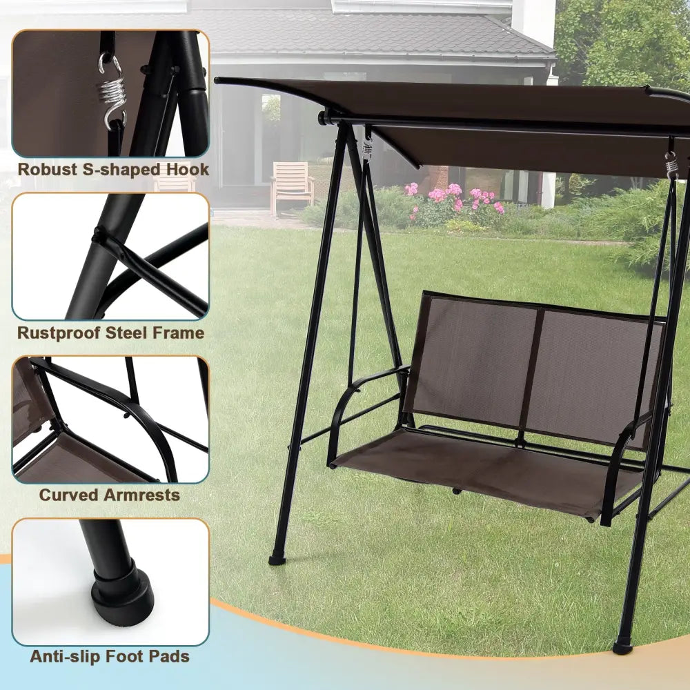 2-Seat Outdoor Canopy Swing with Comfortable Fabric Seat and Heavy-duty Metal Frame-Brown - Brown - Porch Swings