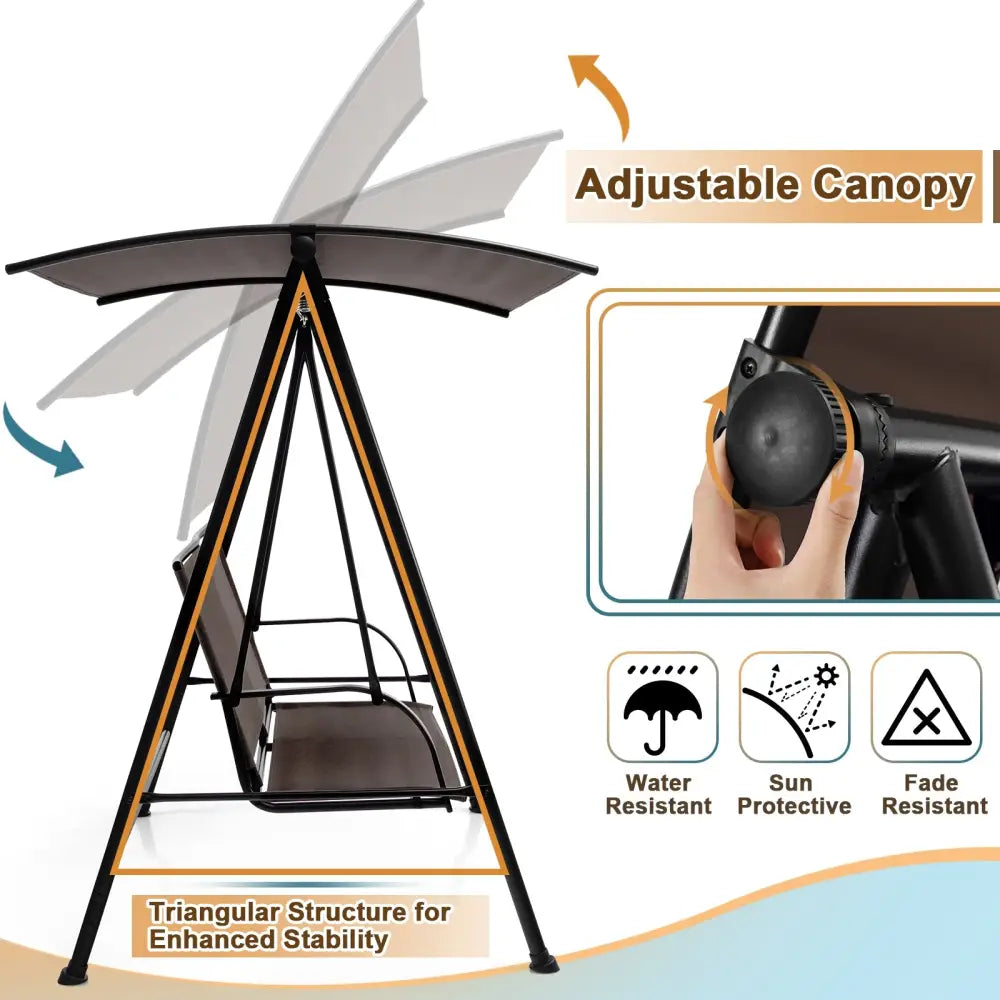 2-Seat Outdoor Canopy Swing with Comfortable Fabric Seat and Heavy-duty Metal Frame-Brown - Brown - Porch Swings