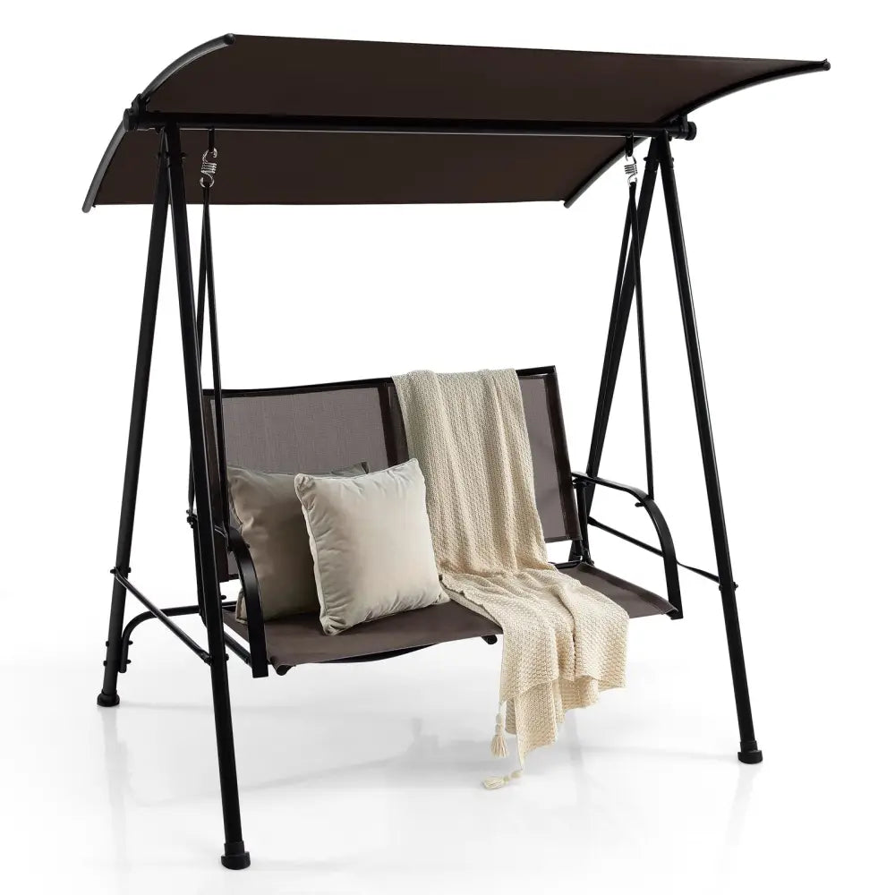 2-Seat Outdoor Canopy Swing with Comfortable Fabric Seat and Heavy-duty Metal Frame-Brown - Brown - Porch Swings
