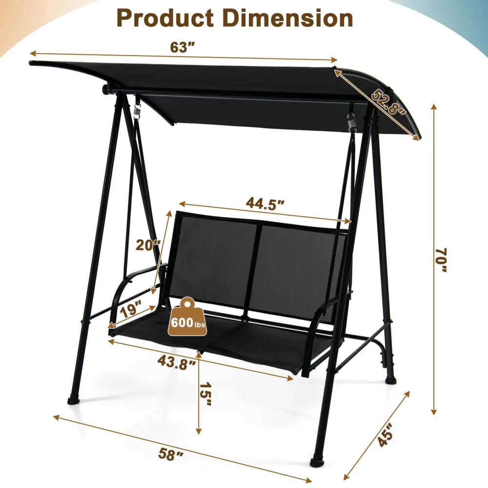 2-Seat Outdoor Canopy Swing with Comfortable Fabric Seat and Heavy-duty Metal Frame-Black - Black - Porch Swings