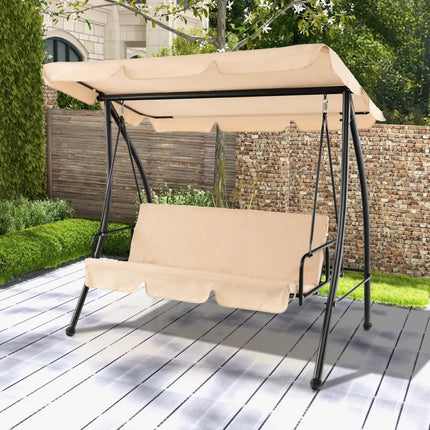 2-Seat Outdoor Convertible Swing Chair with Flat Bed and Adjustable Canopy-Beige - Beige - Porch Swings