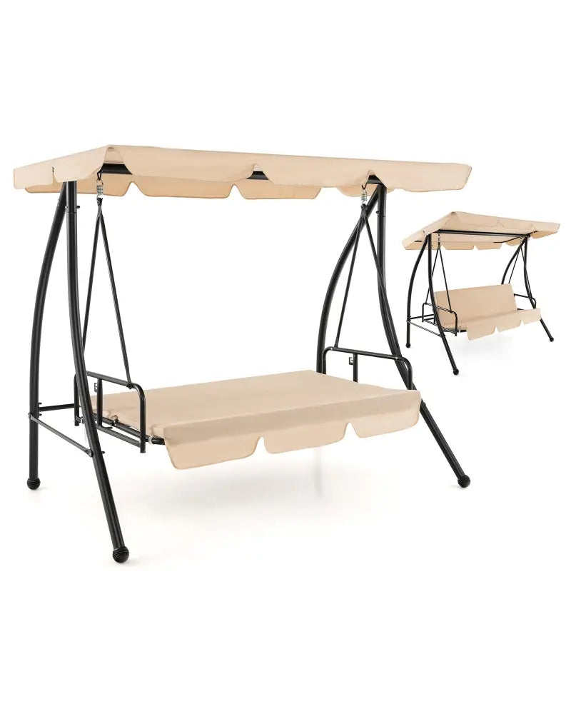 2-Seat Outdoor Convertible Swing Chair with Flat Bed and Adjustable Canopy-Beige - Beige - Porch Swings