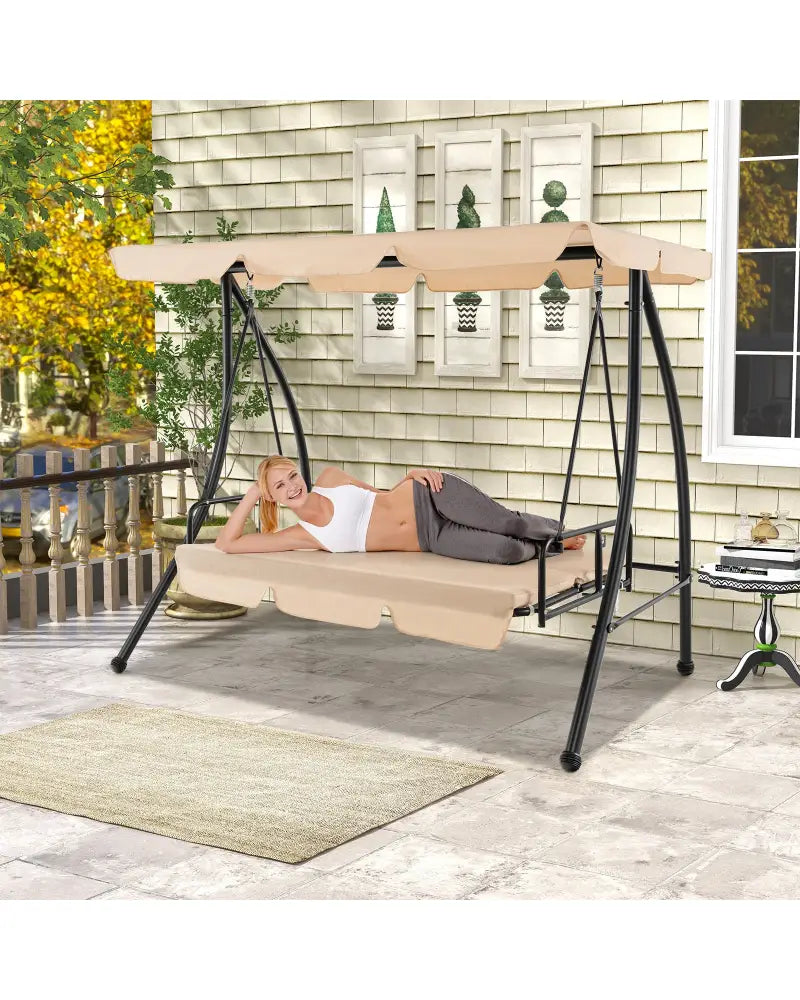 2-Seat Outdoor Convertible Swing Chair with Flat Bed and Adjustable Canopy-Beige - Beige - Porch Swings