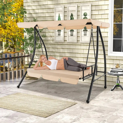 2-Seat Outdoor Convertible Swing Chair with Flat Bed and Adjustable Canopy-Beige - Beige - Porch Swings