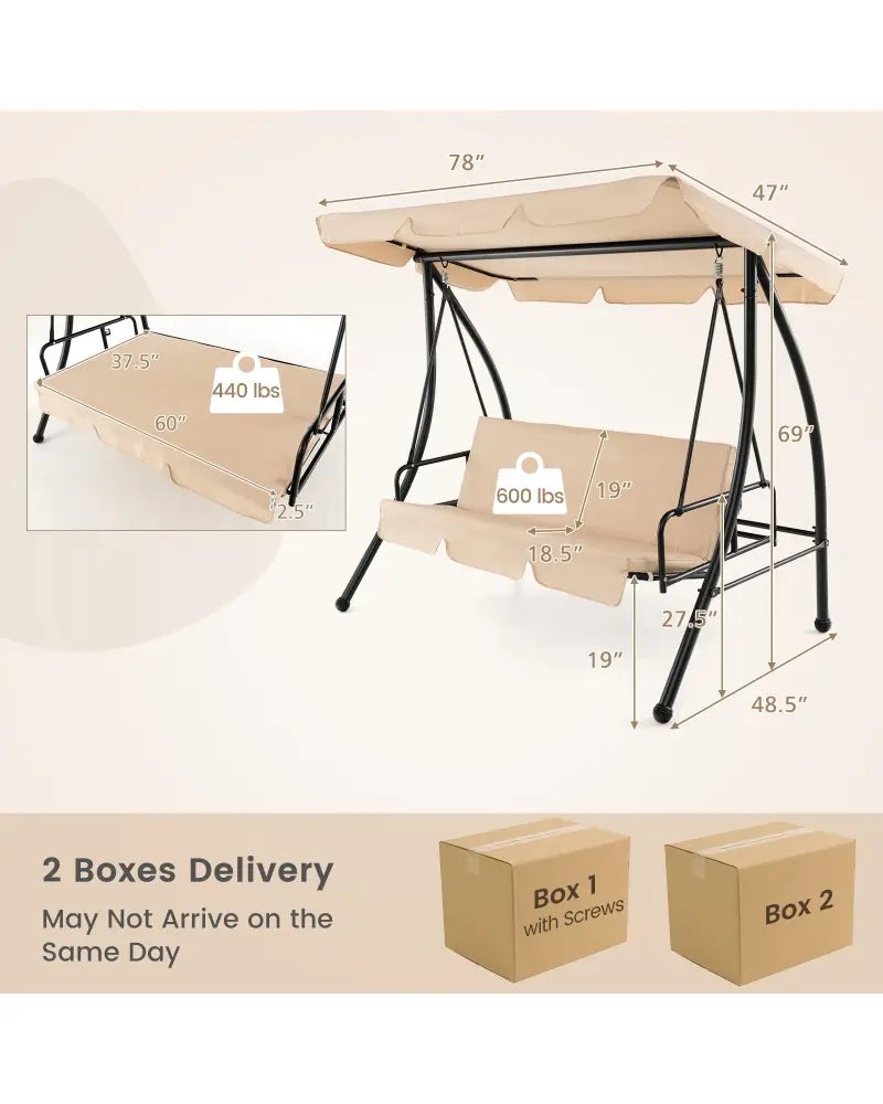 2-Seat Outdoor Convertible Swing Chair with Flat Bed and Adjustable Canopy-Beige - Beige - Porch Swings