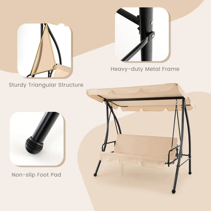 2-Seat Outdoor Convertible Swing Chair with Flat Bed and Adjustable Canopy-Beige - Beige - Porch Swings