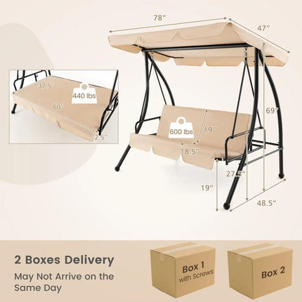 2-Seat Outdoor Convertible Swing Chair with Flat Bed and Adjustable Canopy-Beige - Beige - Porch Swings