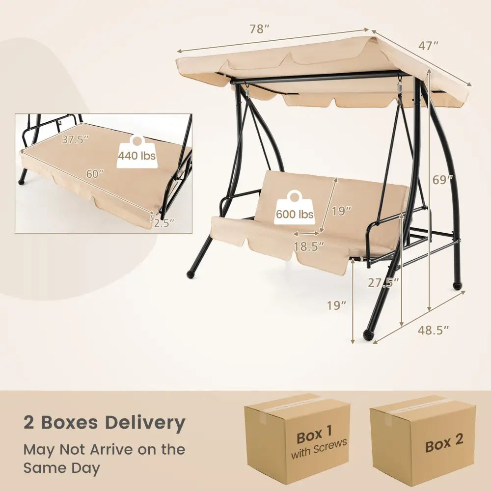 2-Seat Outdoor Convertible Swing Chair with Flat Bed and Adjustable Canopy-Beige - Beige - Porch Swings