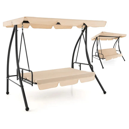 2-Seat Outdoor Convertible Swing Chair with Flat Bed and Adjustable Canopy-Beige - Beige - Porch Swings