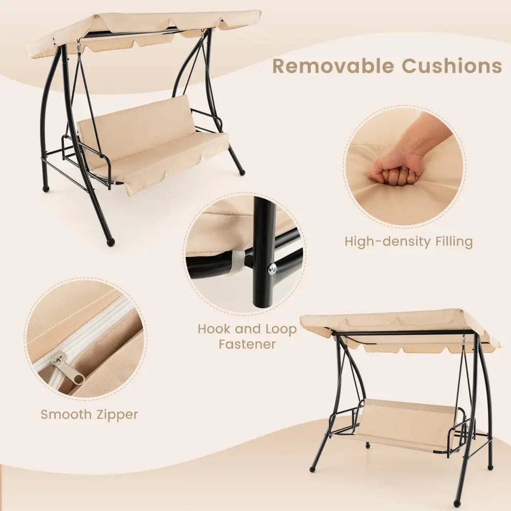 2-Seat Outdoor Convertible Swing Chair with Flat Bed and Adjustable Canopy-Beige - Beige - Porch Swings