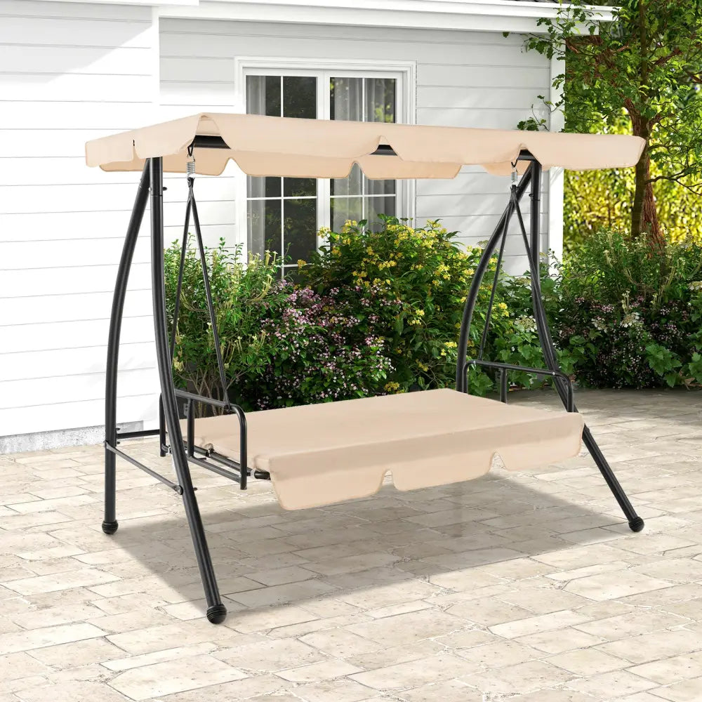 2-Seat Outdoor Convertible Swing Chair with Flat Bed and Adjustable Canopy-Beige - Beige - Porch Swings