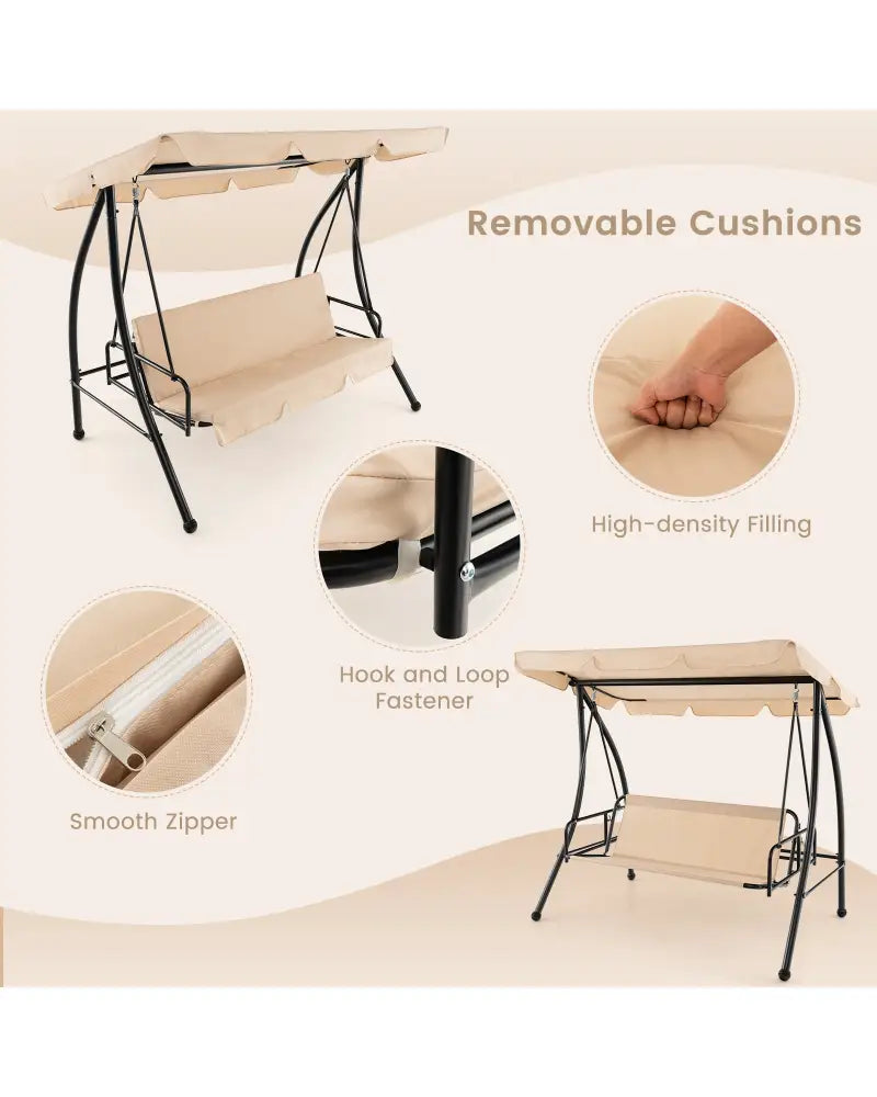 2-Seat Outdoor Convertible Swing Chair with Flat Bed and Adjustable Canopy-Beige - Beige - Porch Swings