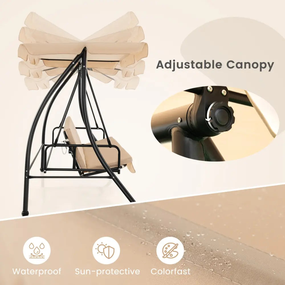 2-Seat Outdoor Convertible Swing Chair with Flat Bed and Adjustable Canopy-Beige - Beige - Porch Swings