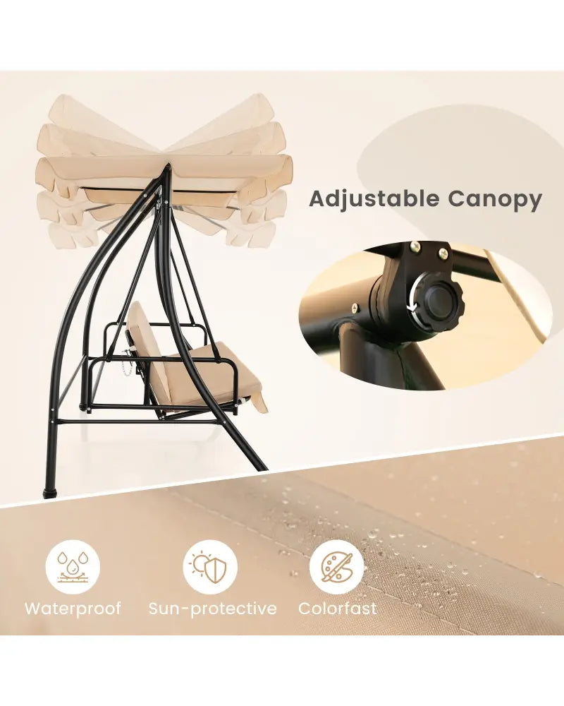 2-Seat Outdoor Convertible Swing Chair with Flat Bed and Adjustable Canopy-Beige - Beige - Porch Swings