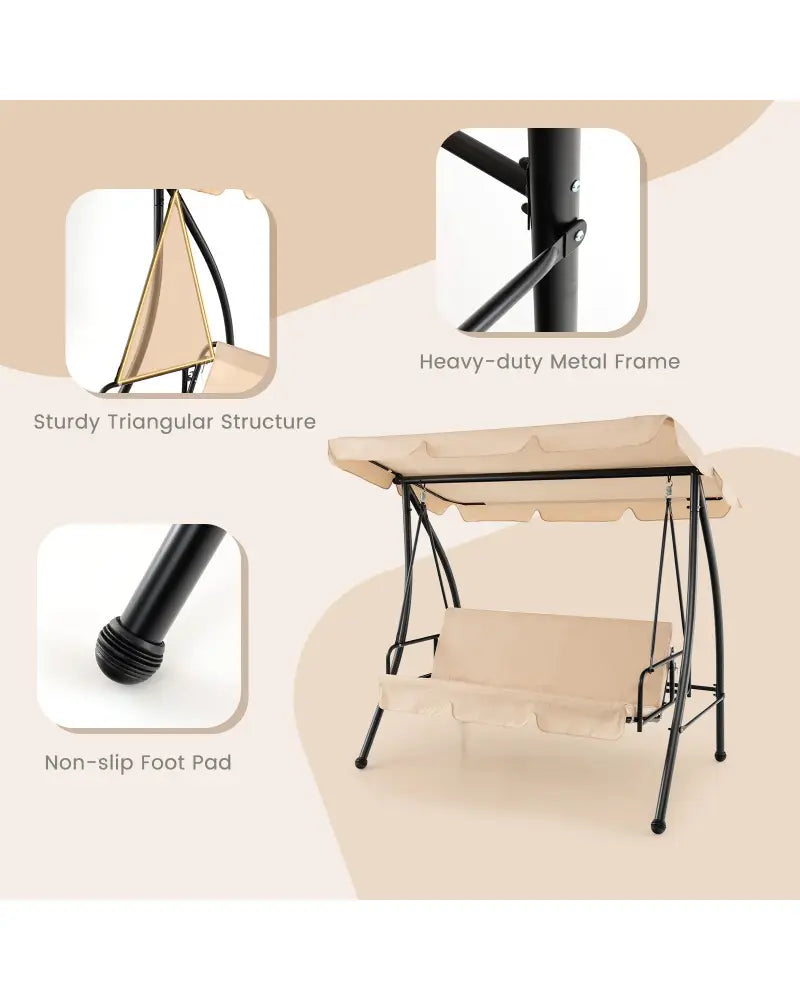2-Seat Outdoor Convertible Swing Chair with Flat Bed and Adjustable Canopy-Beige - Beige - Porch Swings