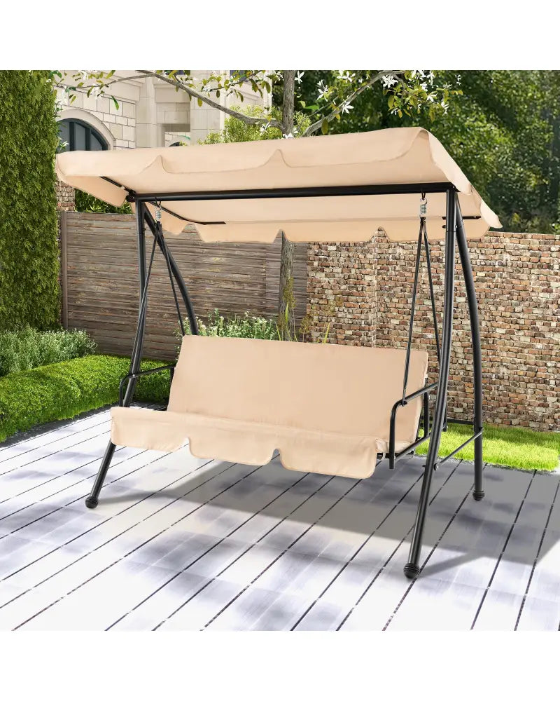 2-Seat Outdoor Convertible Swing Chair with Flat Bed and Adjustable Canopy-Beige - Beige - Porch Swings