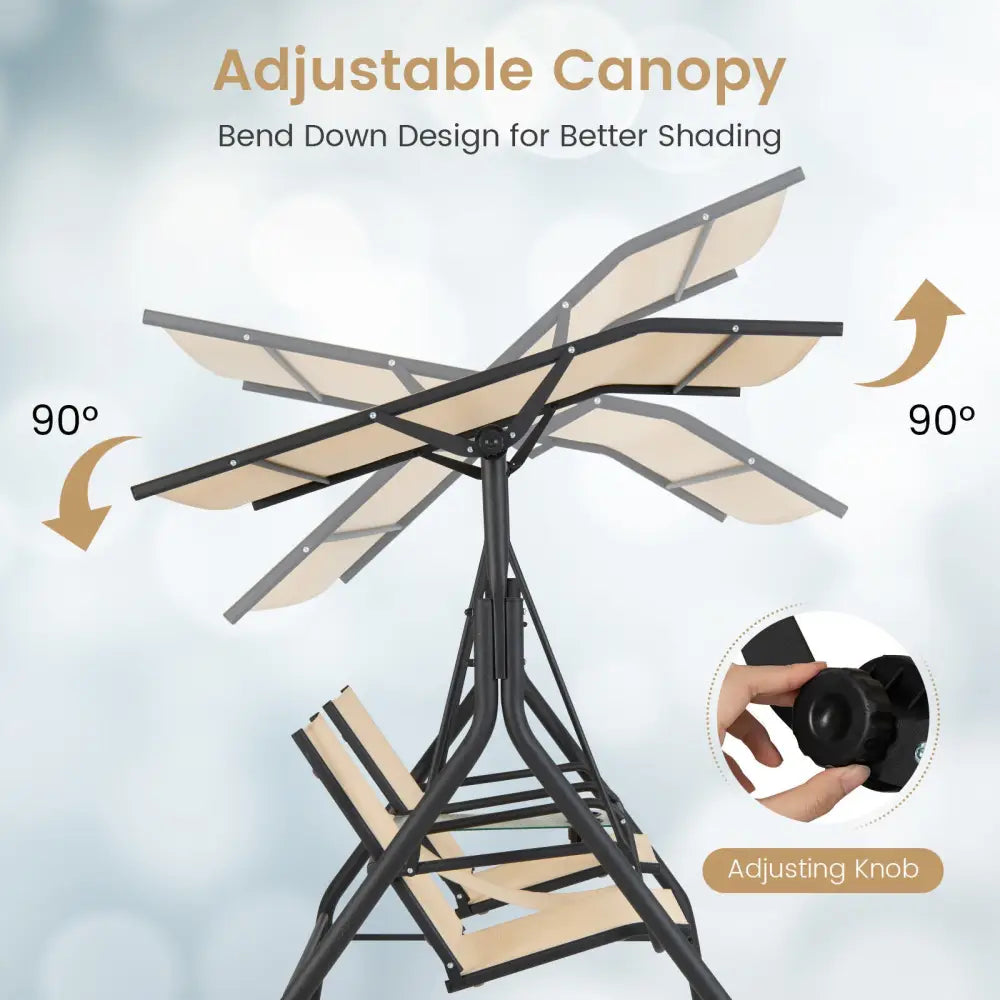 2-Seat Outdoor Cushioned Porch Swing with Adjustable Canopy and Tempered Glass Table-Beige - Beige - Porch Swings