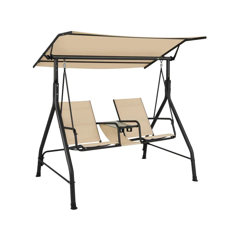 2-Seat Outdoor Cushioned Porch Swing with Adjustable Canopy and Tempered Glass Table-Beige - Beige - Porch Swings