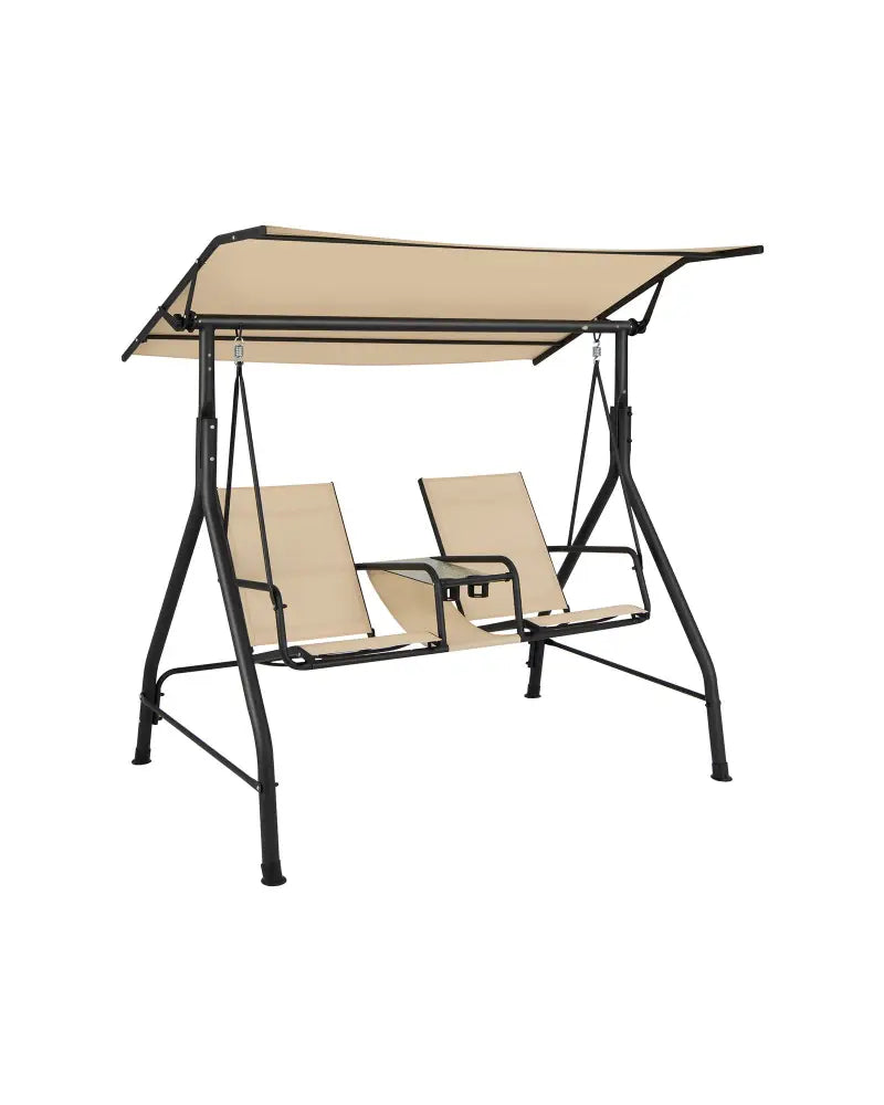 2-Seat Outdoor Cushioned Porch Swing with Adjustable Canopy and Tempered Glass Table-Beige - Beige - Porch Swings