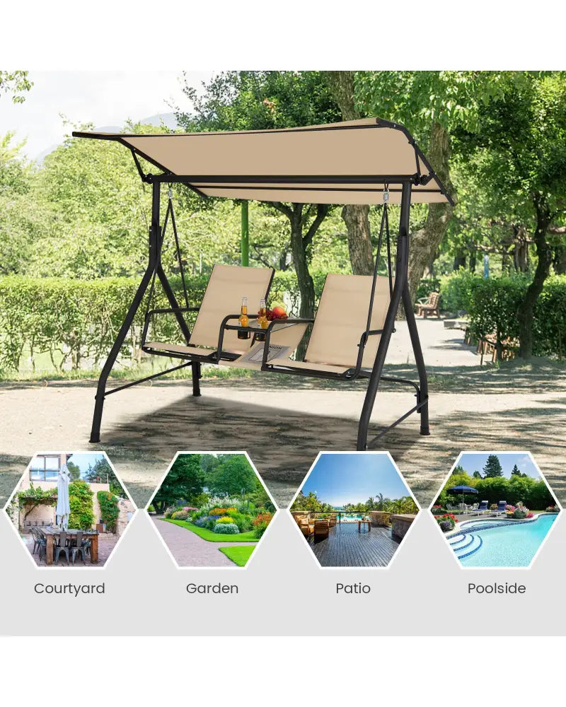 2-Seat Outdoor Cushioned Porch Swing with Adjustable Canopy and Tempered Glass Table-Beige - Beige - Porch Swings